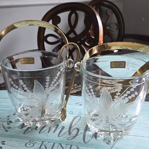 Murano Clear Glass Ice Buckets with Gold Handles - Pair